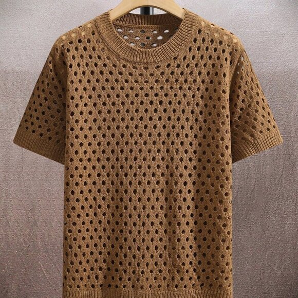 Camel Casual Men's Crochet Short Sleeve Round Neck Top - Picture 1 of 6